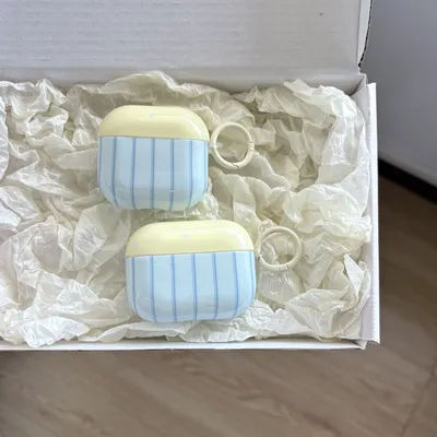 Étui AirPods 1 2 3 4 Pro 2 Pro 3, Simple et mignon, lignes à pois bleues, motif à rayures, brillant, étui de protection pour écouteurs