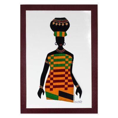 Ama with Pot in Kente,'Kente Cotton Accented Painting of an African Woman'
