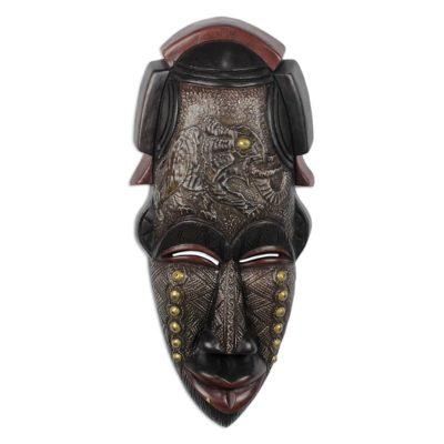 Agona,'Hand Carved Sese Wood Aluminum Brass African Mask'
