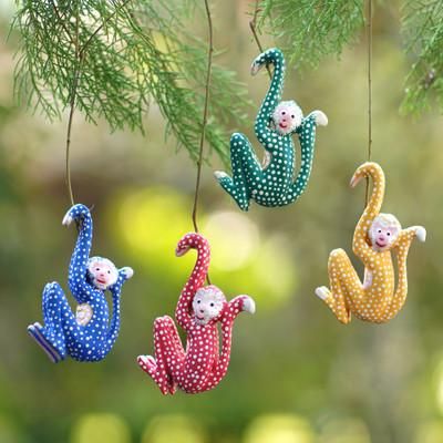 Jumping Monkeys,'Set of 4 Painted Tropical Albesia Wood Monkey Ornaments'