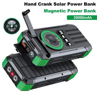 Banque d'énergie solaire à manivelle 20000mAh avec lumière magnétique sans fil 22.5W charge rapide pour iPhone 17 16 iWatch Airpods Powerbank