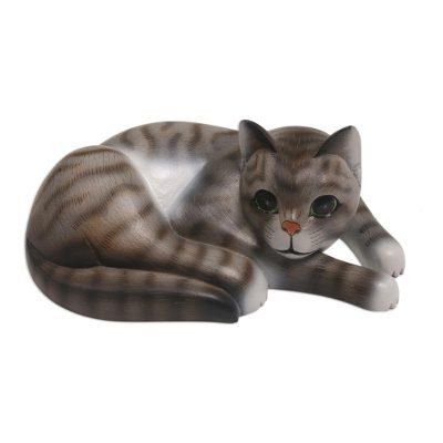 Adorable Grey Cat,'Painted Suar Wood Sculpture of a Lounging Cat from Bali'
