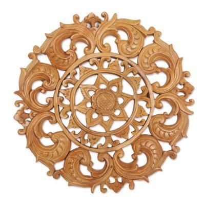 'Hand-Carved Suar Wood Lotus Flower Relief Panel from Bali'