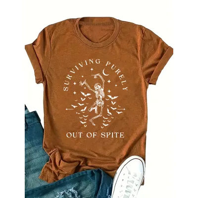Surviving Purely Out of Spite Skeleton Tee pour femme - Haut graphique marron décontracté