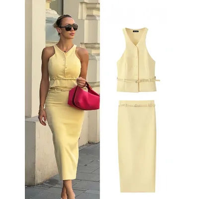 HH – ensemble d'été jaune pour femmes, col en v, sans manches, ceinture, haut à boutonnage + taille haute, ceinture de poche, jupes longues, costume Chic féminin