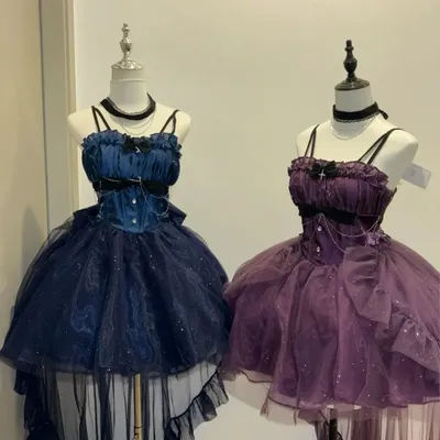 Japanese Lolita Elegant Dress Asymmetric Layered Skirt Bow Detail Spaghetti Strap Corset Design Harajuku Subculture Party Outfit