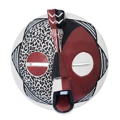 'Artisan-Made Red Sese Wood and Ceramic Bird African Mask'