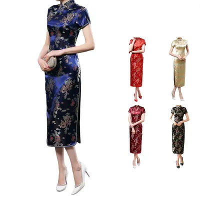 Chinese Dress Standing Collar Dress Comfortable Wear Elegant Style Imitation Satin Fabric Elegant Split Dress For Parties