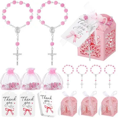12set Baptism Favors Mini Rosary Pink Cross First Communion Christening Gifts Baby Shower Easter Party Supplies with Packaging