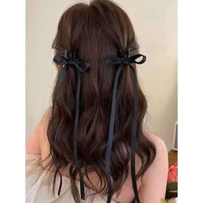 2-Piece Women's Black Bowknot Long Streamer Hair Clips - Sweet Ballet Style, Fashionable Mini Claw Clips for Daily Wear