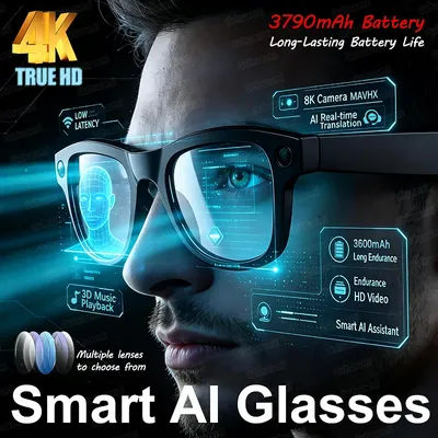 4K 800W HD Camera AI Smart Glasses Men Record Video 3790mAh Battery Languages Translation 3D Music Player Glasses With Camera