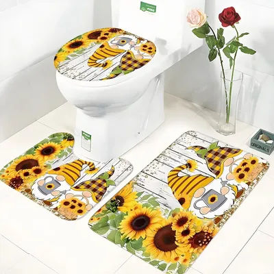 Sunflower Garden Style Bathroom Non-Slip Absorbent Three-Piece Set Toilet Seat Cover U-Shaped Mat Floor Mat Spring Bathroom Decoration Set