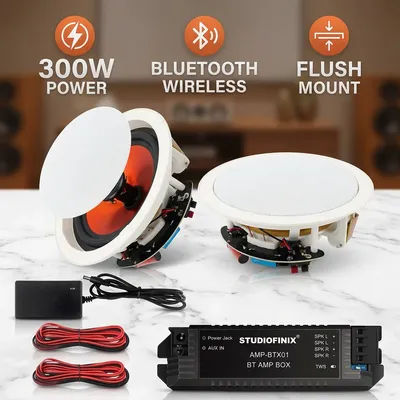 STUDIOFINIX Haut-parleurs de plafond Bluetooth 6,5 pouces, puissance maximale de 300 watts, pour cuisine, salon, bureau, sous-sol, patio couvert