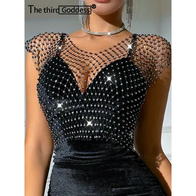 Haut court sexy transparent noir à strass pour femmes, été 2026, haut scintillant en résille pour plage, soirée, club de nuit, tenues, hauts, smock.