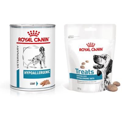 12 x 400g Veterinary Canine Hypoallergenic Loaf Wet Dog Food + 3 x 230g Hypoallergenic Dog Treats Royal Canin