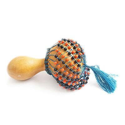 'Folk Art-Themed Beaded Dried Gourd Shekere Shaker from Ghana'