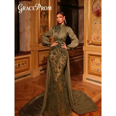 Solemn vert Olive robe de soirée 2026 formelle col haut tapis robe élégante jupe détachable longueur de plancher robe de soirée