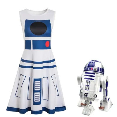 Adult Women SW R2-D2 Robot Cosplay Costume 3D Crew Neck Sleeveless Vest Dress Halloween Masquerade Party Costume for Female