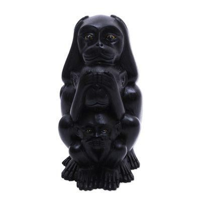 Three Monkey Sages in Black,'Three Wise Monkeys Black Hand Carved Wood Statuette'