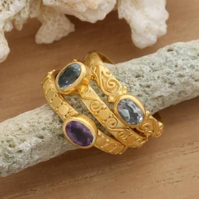 '3 Gold-Plated Blue Topaz Amethyst Stacking Solitaire Rings'