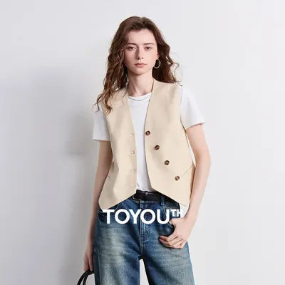 TOYOUTH Gilet Femme Été 2026 Nouveau Style Old Money en Coton et Lin, Haut de Commuting à Patte de Boutonnage Diagonale Haute Qualité