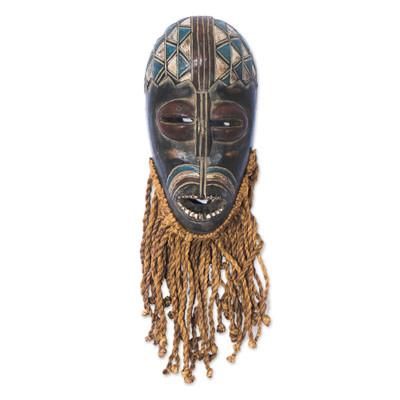 'Handcrafted Chokwe-Inspired African Wood and Jute Wall Mask'