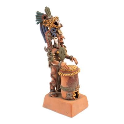 'Jaguar Warrior and Huehuetl' - Unique Aztec Museum Replica Ceramic Sculpture