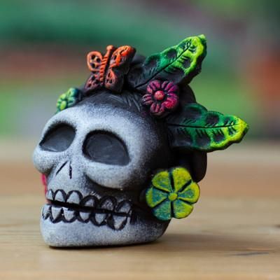 'Day of the Dead-Themed Painted Frida Skull Ceramic Figurine'
