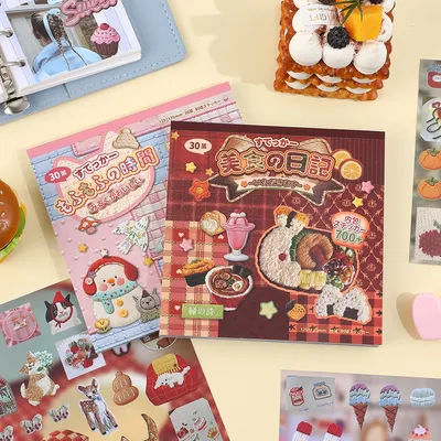 30 Sheets Kawaii Food Animal Stickers Book Embroidery Style Embossed Design for Scrapbooking Journaling DIY Crafts Planner