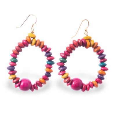 'Hand-Painted Vibrant Sese Wood Beaded Dangle Earrings'