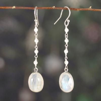 'Silver Dangle Earrings with 12-Carat Rainbow Moonstone Gems'