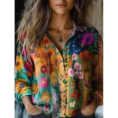 Per donna Camicia Camicia Boho Bottoni Stampato Floreale Vintage Elegante Etnico Manica Lunga Colletto a Camicia Top Regolari Quotidiano Ferie Uscire Giallo Primavera Autunno