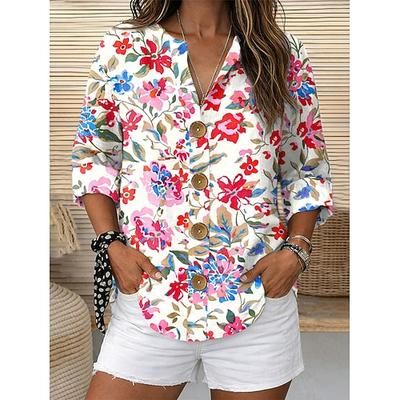 Per donna Camicia Stampato Floreale Grafico Vintage Elegante Casual Manica 3/4 Girocollo Top Regolari Quotidiano Ferie Abbigliamento da vacanza Blu Rosso Viola Verde Estate Primavera