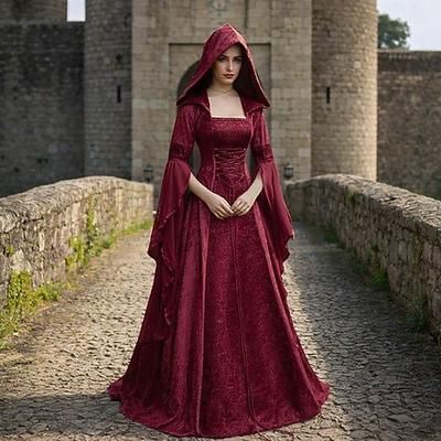Retrò Vintage Medievale Rinascimento Lunghezza al pavimento Vestito Normale Manica del polsino svasato Vichingo Straniero Taglie Forti Elfico Costume Per donna Celtico Reale Halloween Carnevale