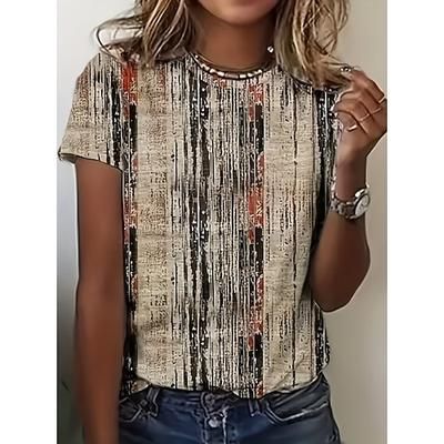 Per donna Maglietta Stampato Grafico Geometrico A righe Vintage Elegante Classico Manica Corta Girocollo Top Regolari Casuale Quotidiano Blu Verde chiaro Rosa Marrone chiaro Nero Estate Primavera