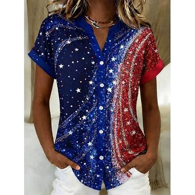 Giorno dell'Indipendenza Americana Per donna Blusa Bottoni Stampato Grafico Bandiera Vintage Elegante Casual Manica Corta Scollo a V Top Regolari Quotidiano Blu Estate Primavera