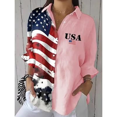 Giorno dell'Indipendenza Americana Per donna Camicia Arricciato Floreale Grafico Bandiera Vintage Elegante Manica Lunga Manica a Volant Manica a Campana Colletto a Camicia Top Regolari Quotidiano