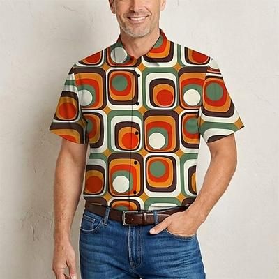 Retrò Vintage Hippie Anni '70 Camicia Maniche corte Hippie Geometrico Retrò Costume Per uomo Festival Musicale Feste Abbigliamento quotidiano Adulti Camicia Primavera Estate