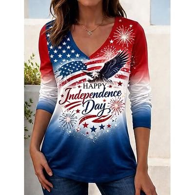 Giorno dell'Indipendenza Americana Per donna Maglietta Stampato Grafico Bandiera Americana Vintage Elegante Classico Manica Lunga Scollo a V Top Regolari Quotidiano Weekend Bianco / blu Bianco Rosso