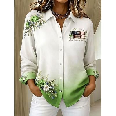 Giorno dell'Indipendenza Americana Per donna Camicia Bottoni Stampato Floreale Grafico Bandiera Elegante Vintage Moderno Manica Lunga Colletto a Camicia Top lunghi Quotidiano Lavoro Blu Vino Marrone