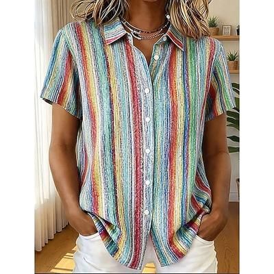 Maglietta da Donna Manica Corta Grafica Geometrica Striata Vintage Tropicana Elegante Colletto Regolare Top Giornaliero Verde Salvia Rosa Viola Arancione Verde Estate Primavera
