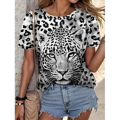 Per donna Maglietta Stampato Grafico Leopardo Vintage Elegante Casual Manica Corta Girocollo Top Regolari Casuale Quotidiano Nero Arcobaleno Estate Primavera