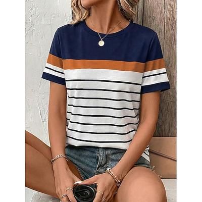 Per donna Maglietta Stampato Grafico A righe Vintage Elegante Classico Manica Corta Girocollo Top Regolari Quotidiano Weekend Blu Bianco Estate Primavera