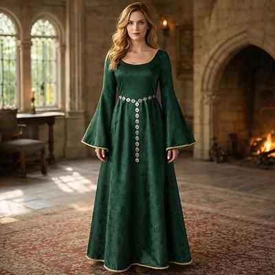 Medievale Rinascimento Maxi Vestito Cintura in Vita Lunghe Principessa Costume Per donna Reale Halloween Carnevale Mascherata Fiera Rinascimentale Festa a tema retrò Adulti Vestito Cintura