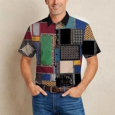 Retrò Vintage Hippie Anni '70 Camicia Maniche corte Hippie Retrò Patchwork Stile Boho Costume Per uomo Festival Musicale Feste Abbigliamento quotidiano Adulti Camicia Primavera Estate