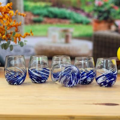 Modern Blue,'6 Modern Handblown Recycled Glass Stemless Wine Glasses'