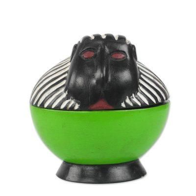 Monkey Keeper,'Handcrafted Sese Wood Monkey Decorative Jar from Ghana'