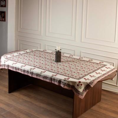 'Handblock-Printed Floral Cotton Tablecloth in Red and Ivory'