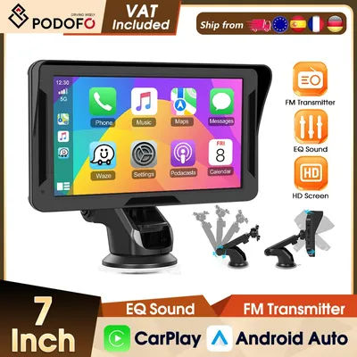 Caméra embarquée Podofo 7 pouces sans fil CarPlay Android Auto Airplay, moniteur de voiture, égaliseur, AUX, lecteur intelligent portable, Bluetooth, radio FM portable pour voiture