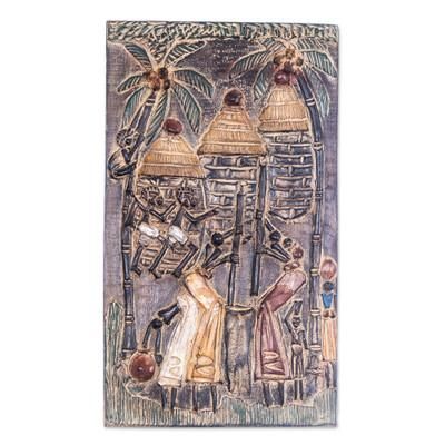 Village Instant,'Ghanaian Town Dried Calabash and Mahogany Wood Wall Accent'